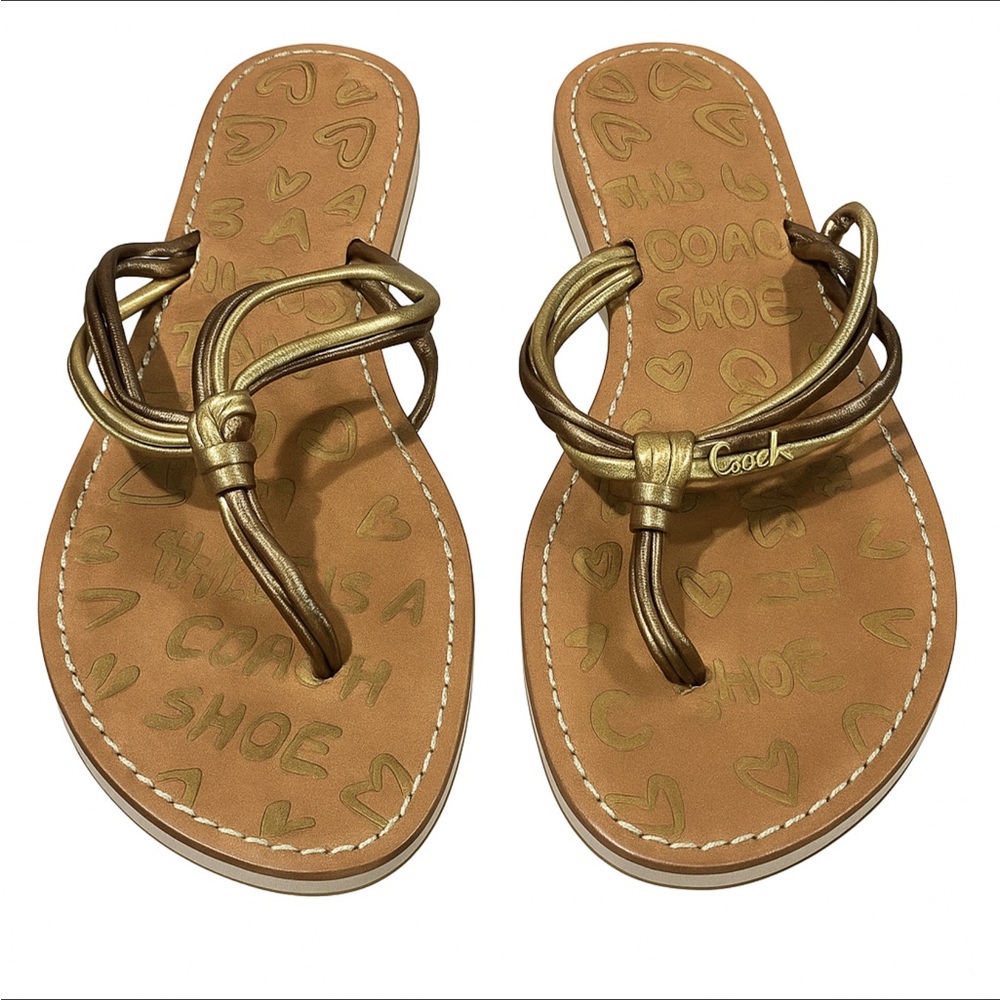 Coach Gold Metallic Script Sandals - 9.5